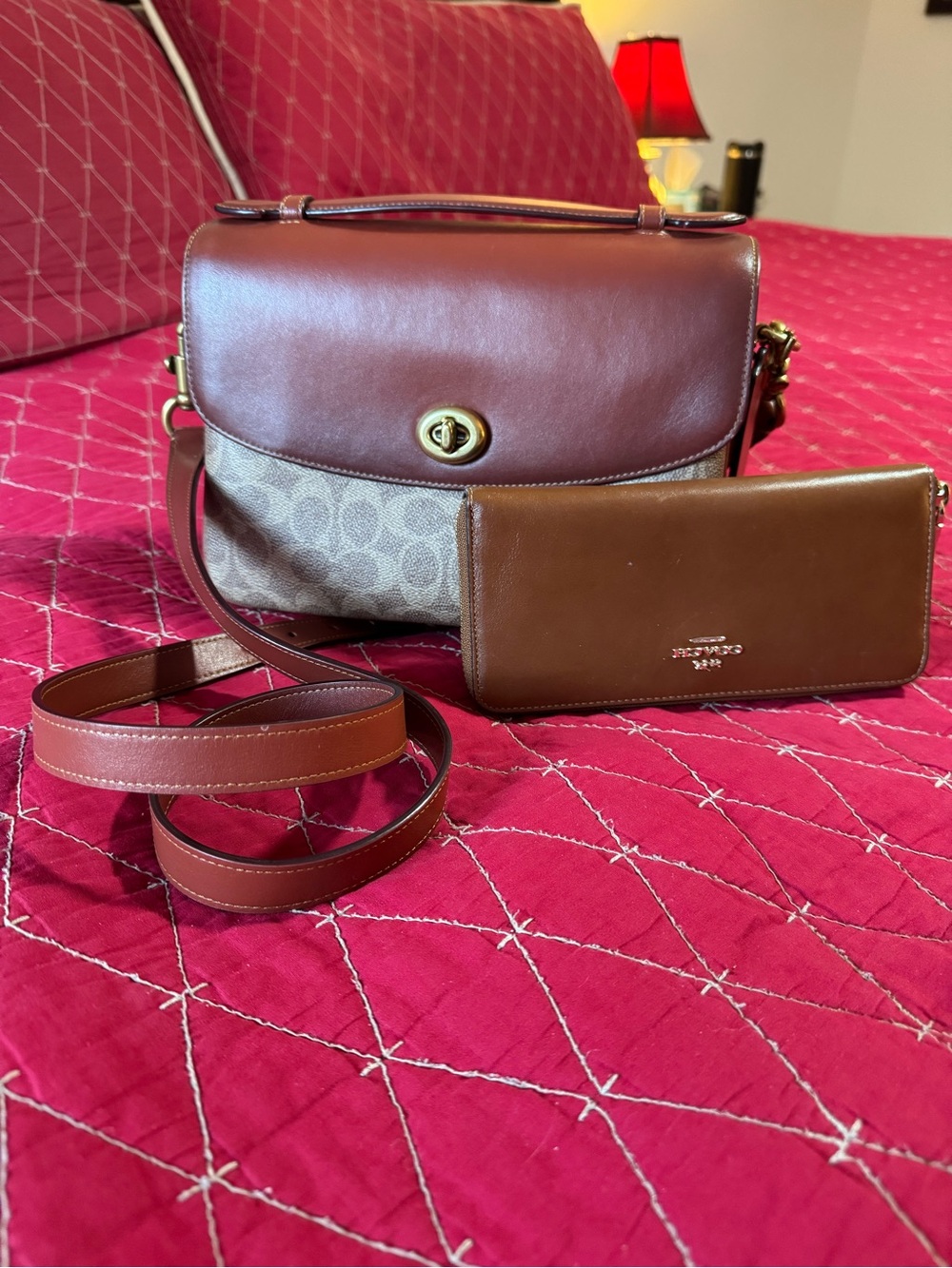 Coach Signature Canvas and Brown Leather Turnlock Crossbody with Wallet